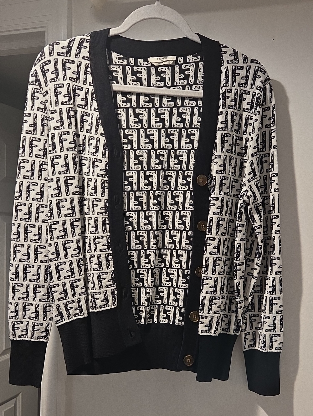 Authentic Fendi Monochrome FF Monogram Knit Cardigan - Black & White Size 40